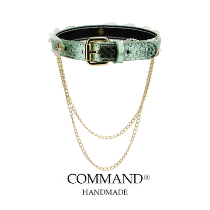 Helen Pastel Leather Choker with Lace Trim, Pearl Accents & Gold Chain