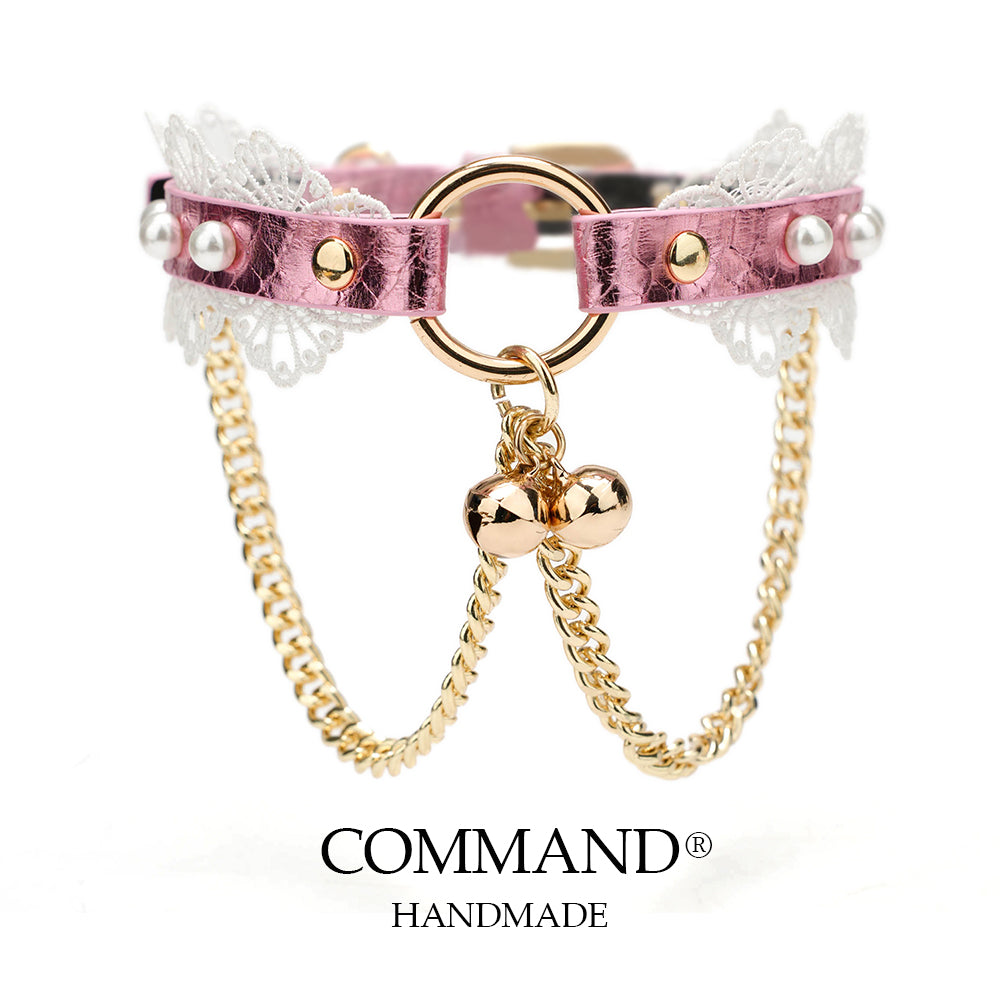 Charis Romantic Pink Lace Pearl Choker with Gold Chains & Bells