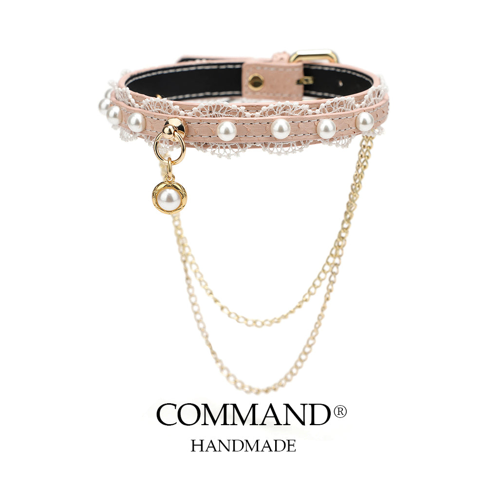 Helen Pastel Leather Choker with Lace Trim, Pearl Accents & Gold Chain