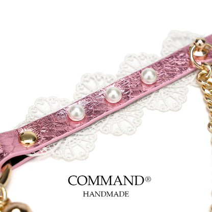 Charis Romantic Pink Lace Pearl Choker with Gold Chains & Bells