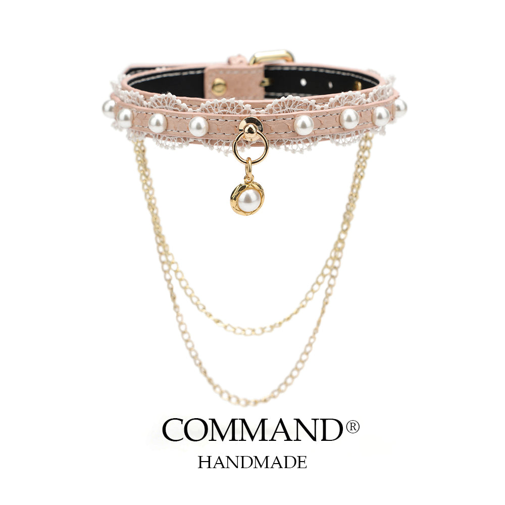 Helen Pastel Leather Choker with Lace Trim, Pearl Accents & Gold Chain