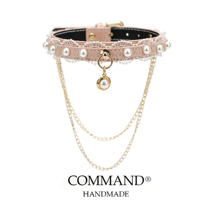 Helen Pastel Leather Choker with Lace Trim, Pearl Accents & Gold Chain
