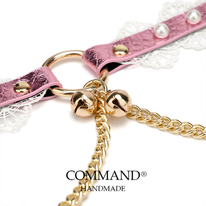 Charis Romantic Pink Lace Pearl Choker with Gold Chains & Bells