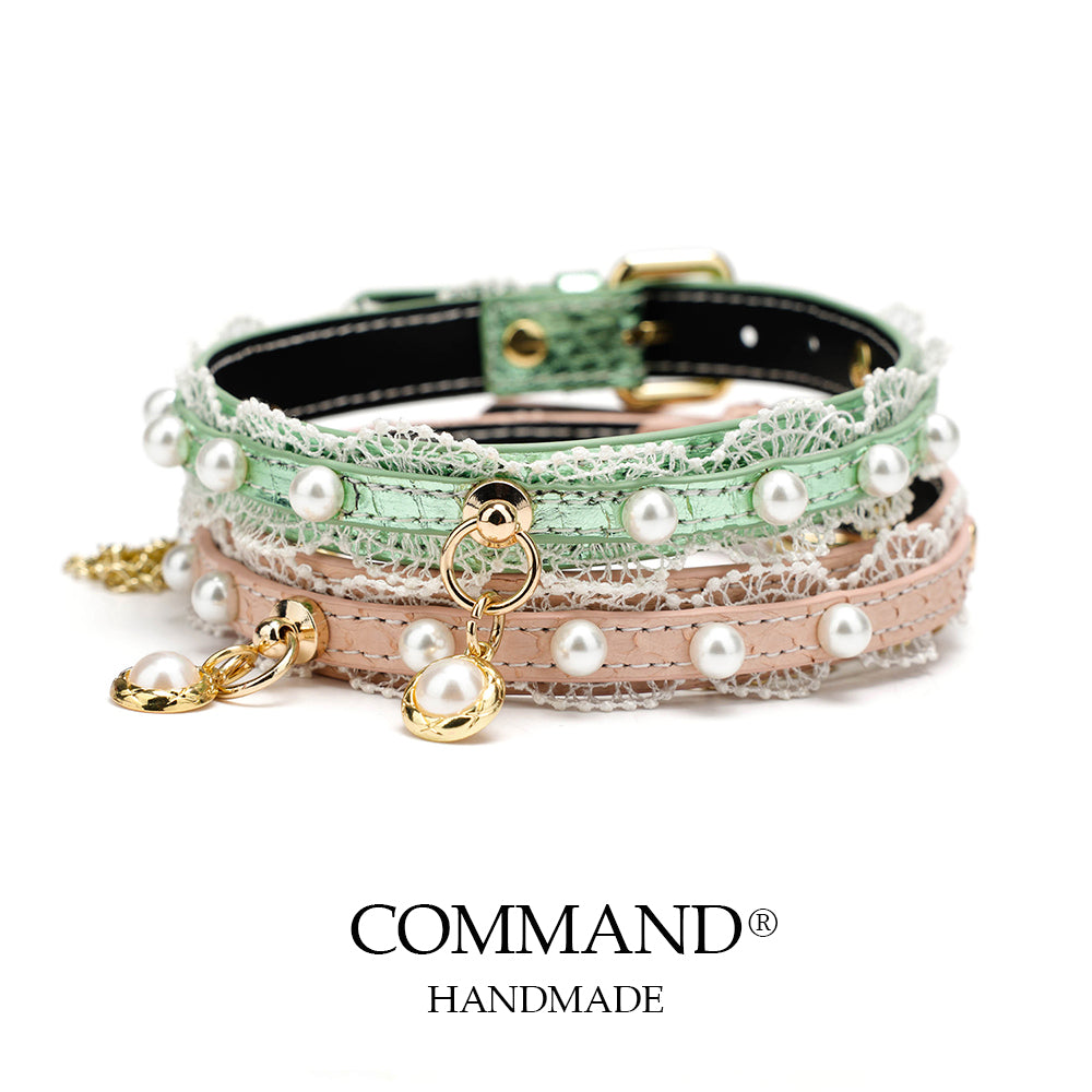 Helen Pastel Leather Choker with Lace Trim, Pearl Accents & Gold Chain