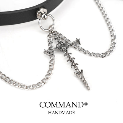 Deimos Black Choker with Cross & Leather Pendant