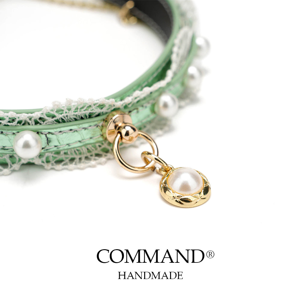 Helen Pastel Leather Choker with Lace Trim, Pearl Accents & Gold Chain