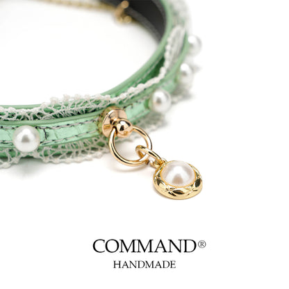 Helen Pastel Leather Choker with Lace Trim, Pearl Accents & Gold Chain