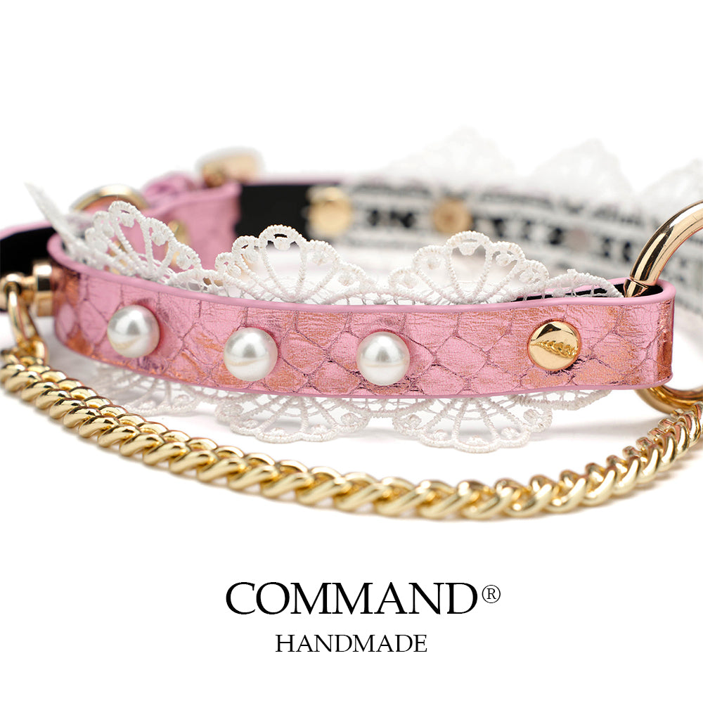Charis Romantic Pink Lace Pearl Choker with Gold Chains & Bells